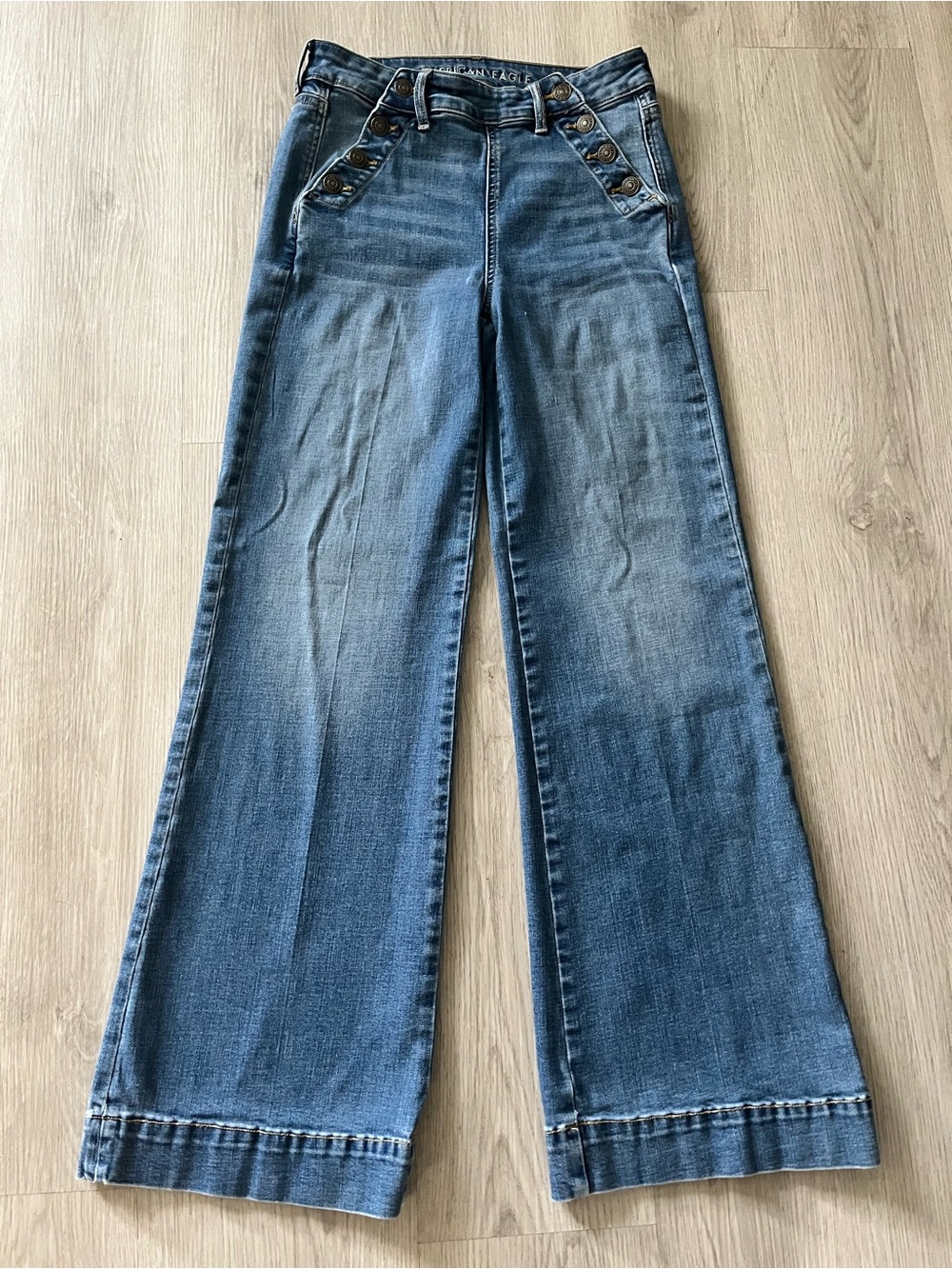 American Eagle Outfitters Medium Blue Wide-Leg Jeans with Button-Detail
